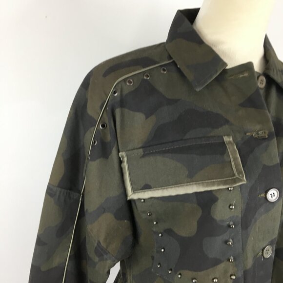 JOIE Green Mix Camo Print SAMIA Dolman Sleeve Studded Ruffle Peplum Hem Jacket - Picture 7 of 13